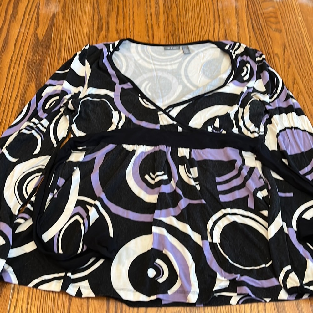 Apt 9 Purple, Black, White Geometric Long Sleeve V-neck Tie Waist Tunic Size L
